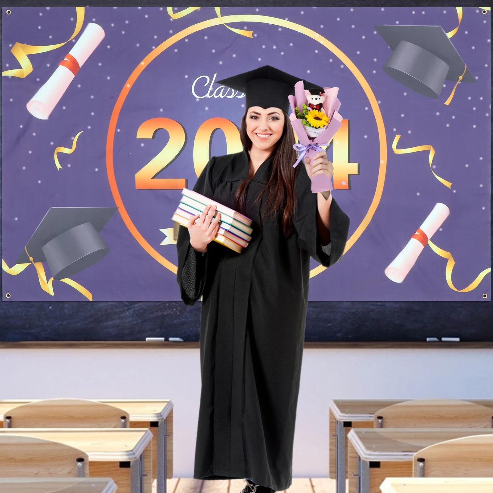 

2024 Graduation Banner Graduation Congratulates Background Backdrop Hanging Background Cloth Decor Supplies Photo