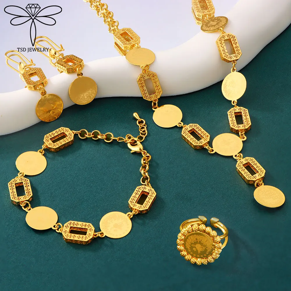 

Turkish Vintage Coins Jewelry Set 21k Gold Plated Arabic Muslim Bridal Wedding Necklace Bracelet Earring Ring Moroccan Jewellery