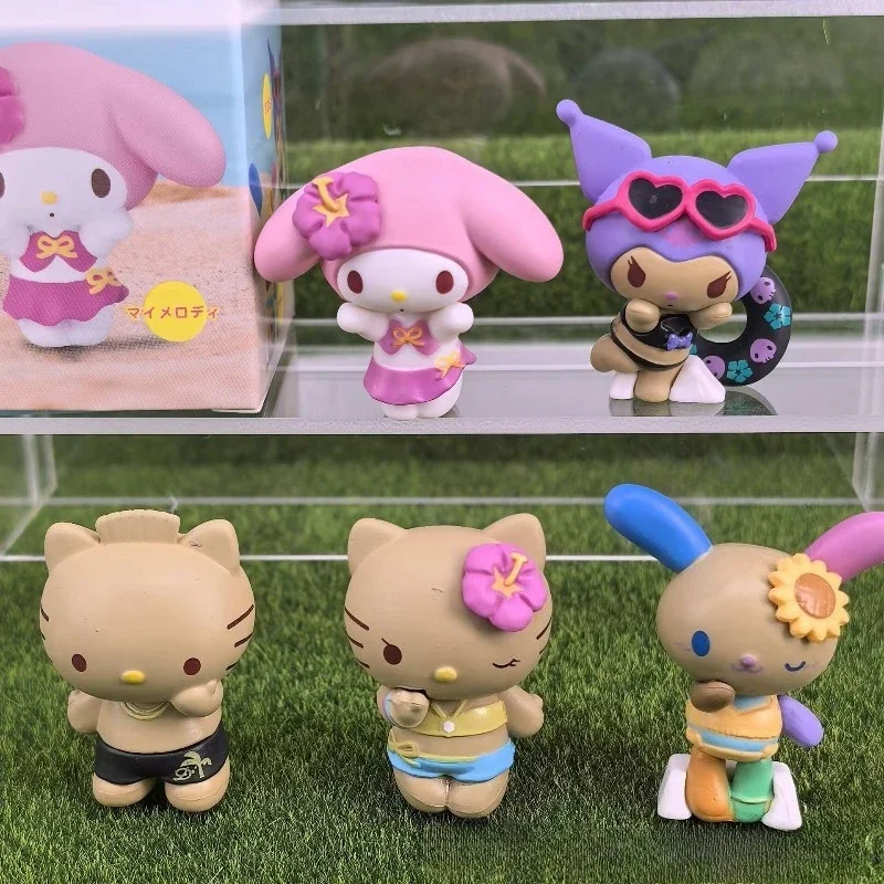 Anime Figuur Sanrio Hello Kitty Kuromi Melody Zwarte Huid Kt Kat Zomer Kust Vakantie Serie Blind Box Speelgoed Ornament Kid Geschenken