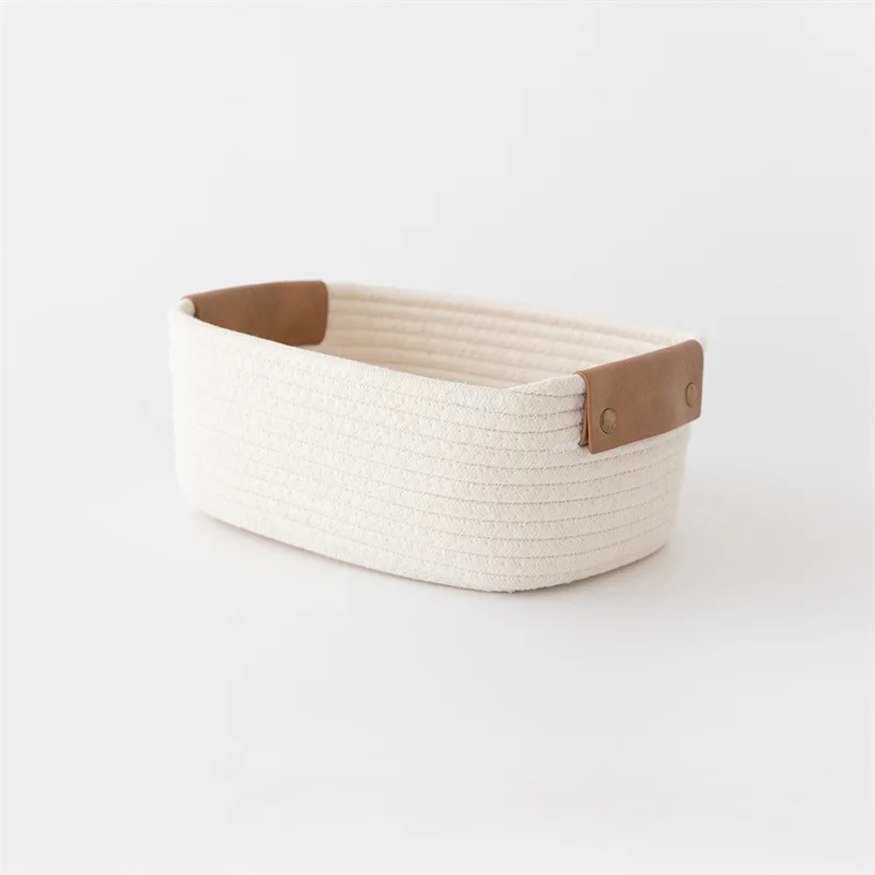 

Cotton Rope Woven Storage Box with Leather Handle Desktop Storage Box Foldable Cosmetic Sundries Organizer Box Wholesale