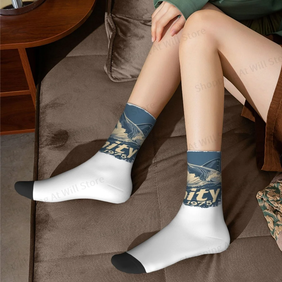 Amity BAY ถุงเท้าสำหรับทุกเพศ, ถุงเท้าฉลามจู่โจม1975ถุงเท้าพิมพ์ลายสนุกถุงเท้าสไตล์สตรีทถุงเท้าบ้า