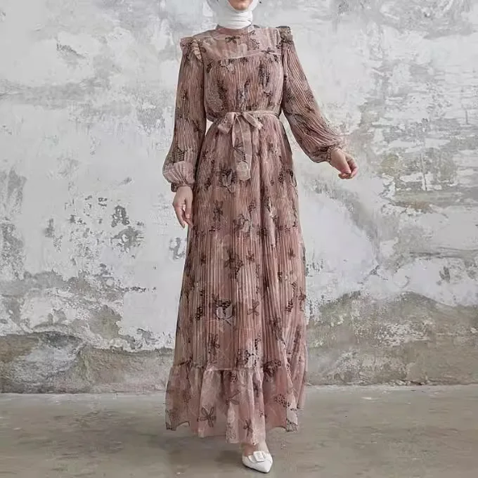 

Middle Eastern Muslim Fashion Dress Chiffon Pleated Floral Belt Long Modest Dress Modern Dubai Clothing Modest Robe Dresses