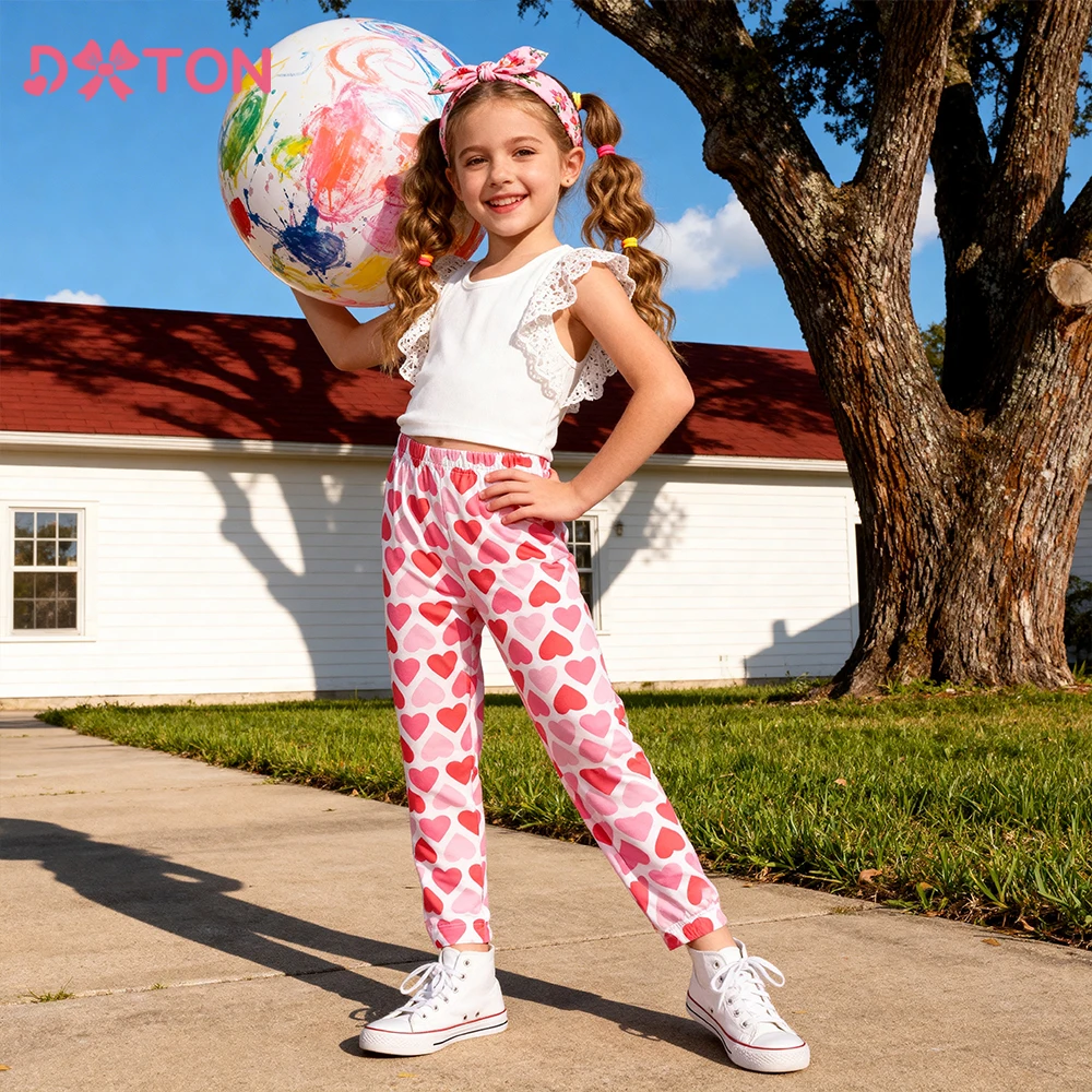 DXTON Children Long Trousers Spring Summer Girls Daily Pants Outfits Heart Printed Fashion Casual Kids Outerwear Leggings 3-12Y