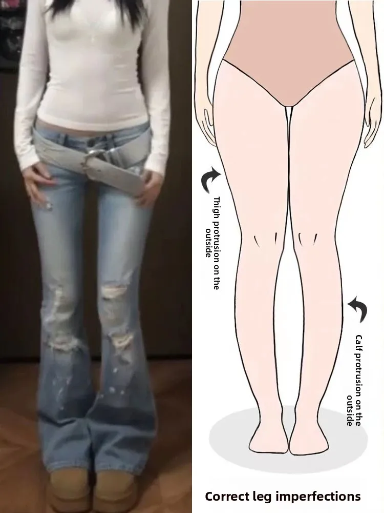 

Low Waist Bell Bottom Denim Jeans Women's Retro Washed Distressed Long Pants Slim Fit Casual Straight Leg Trousers