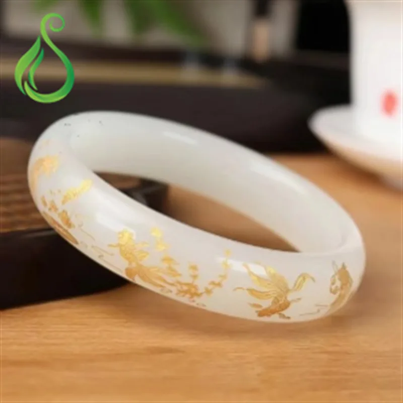 Outer Mongolian Material White Jade Gold Stamping Carved Fish Playing with Lotus Bracelet Xinjiang Hetian Sheep Fat White