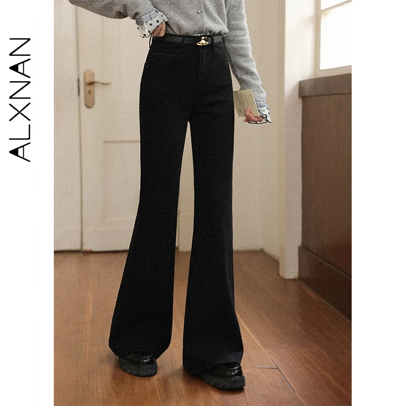 

ALXNAN Black Flared Jeans Women's High-waist Versatile Cotton Denim Pants 2025 Autumn Fashion Office Lady Casual Trousers L57780