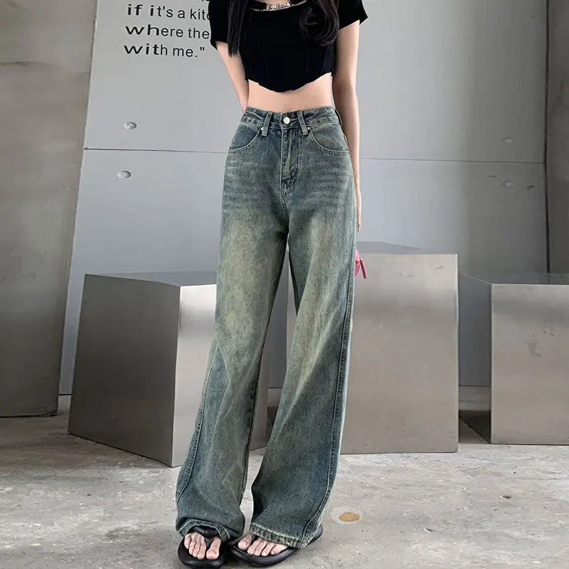 High Waist Straight Leg Denim Jeans Women's Pear Shape Meat Concealing Casual American Loose Floor-Length Wide Leg Long Pants...