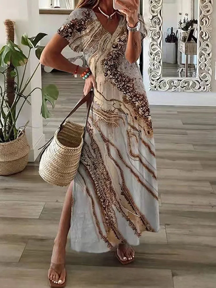 

Chic T-Shirt Style Printed Maxi Dress Women Round Neck Short Sleeved Dresses Summer Casual Vacation Vestidos