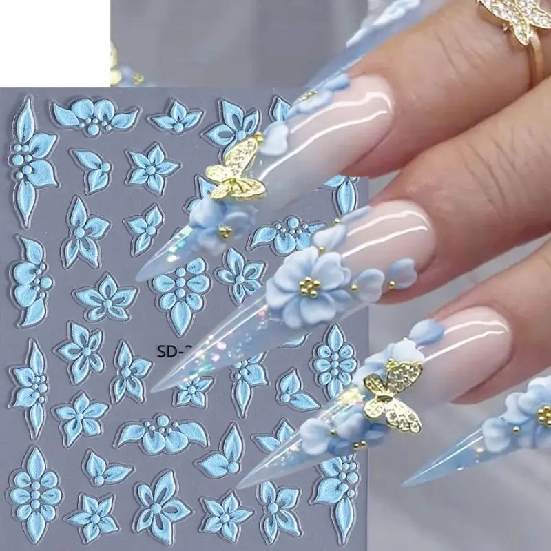 アクリル春夏花柄粘着スライダー装飾 5D エンボスフラワーネイルステッカー エレガントな白緑青の花びらデザイン