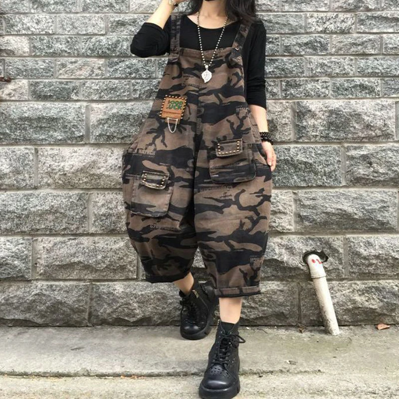 Women\'s Vintage Camouflage Baggy Overalls Jeans Y2K Streetwear Oversized Straps Denim Jumpsuit Female Casual Sleeveless Rompers