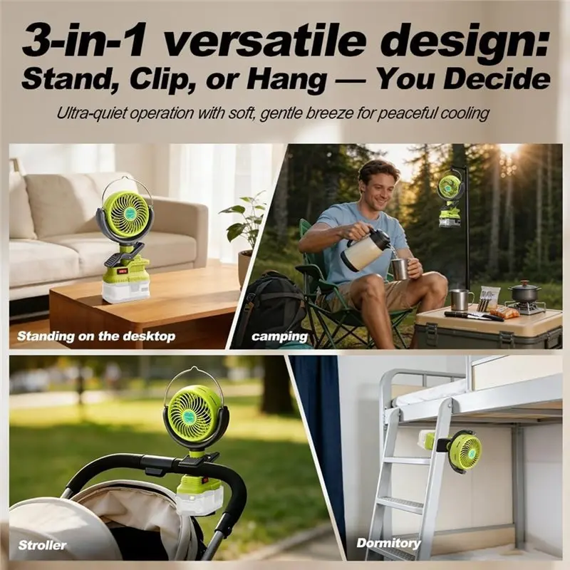 [NEW!A38F】 Camping Outdoor Clip Fan Cordless Portable For Ryobi 18V Battery Dual USB Powered Cooling Fan For Car Home