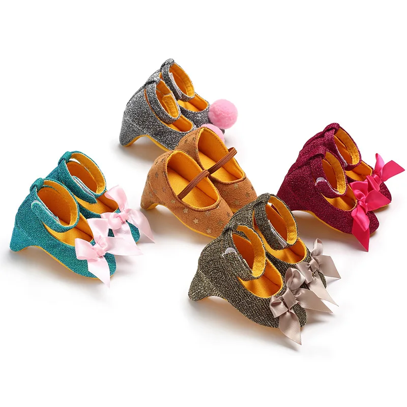 Zapatos de tacón alto con lazo de lentejuelas para niña recién nacida, calzado Formal de suela suave para primeros pasos, fiesta de cumpleaños, 1 año