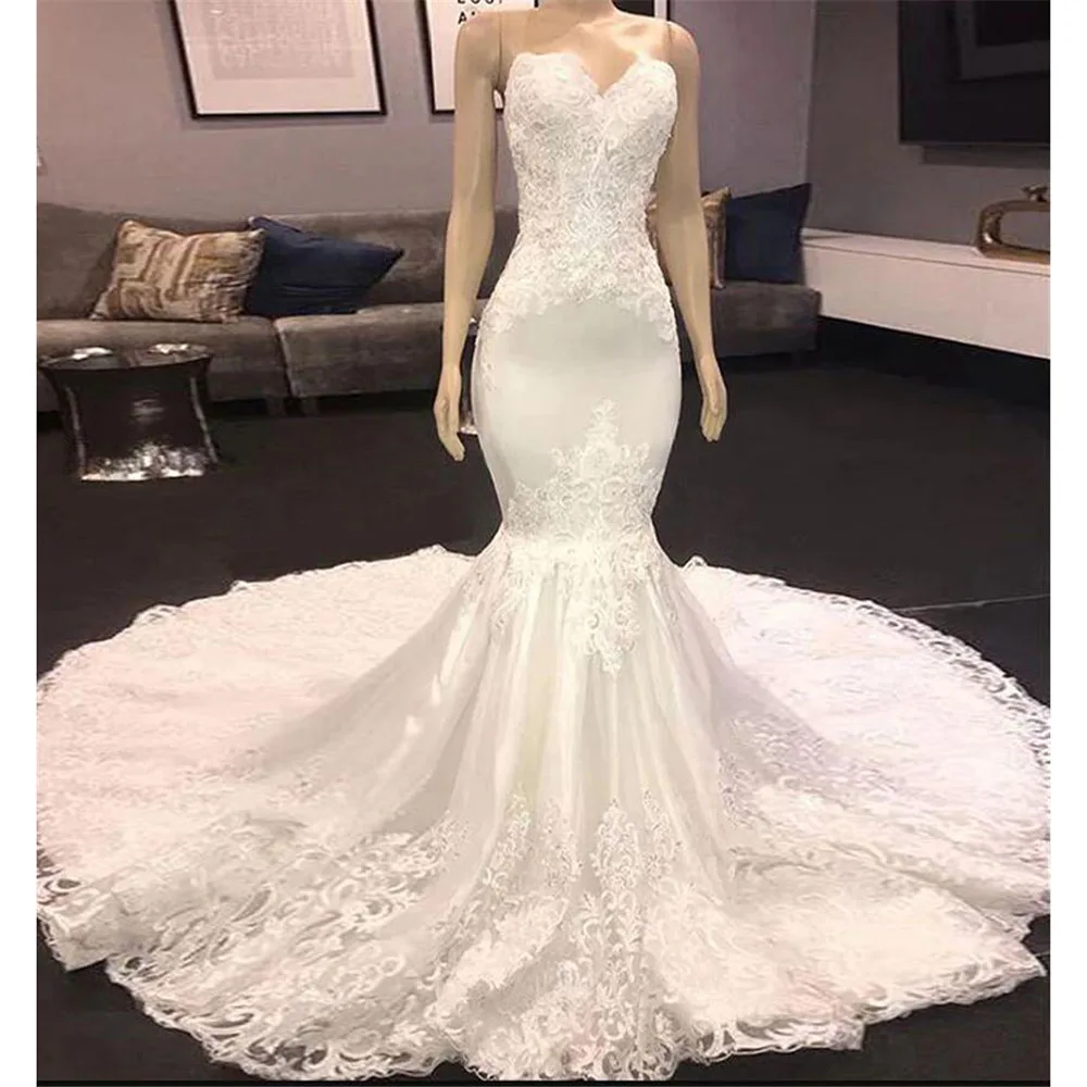 Strapless Mermaid Wedding Dresss Tailor-made Lace Appliques Beaded Women Marriage Bridal Gowns Formal Party Female Clothing