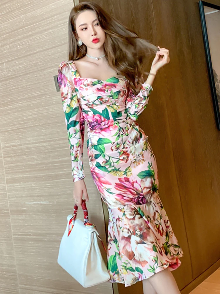 Spring Women Midi Dress Sweet Elegant Vintage Silk Satin Flowers Print Long Bag Hip Mermaid Outfit Femme Party Vestidos Mujer