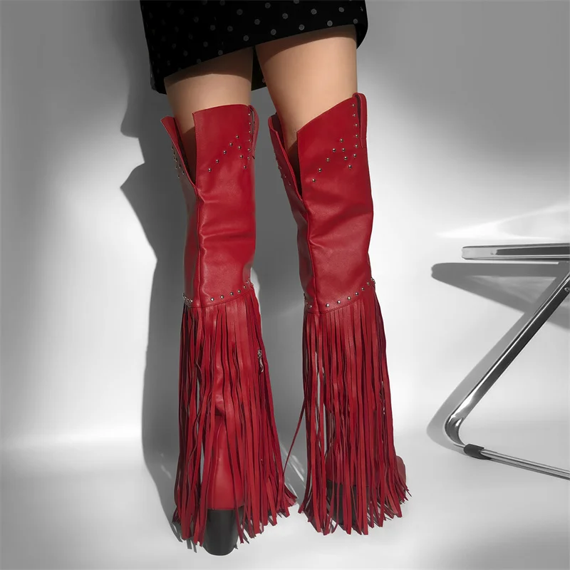 Onlymaker Women Black Fringe Over The Knee Boots   Chunky Heel Winter Pointed Toe Female Wstern Boots