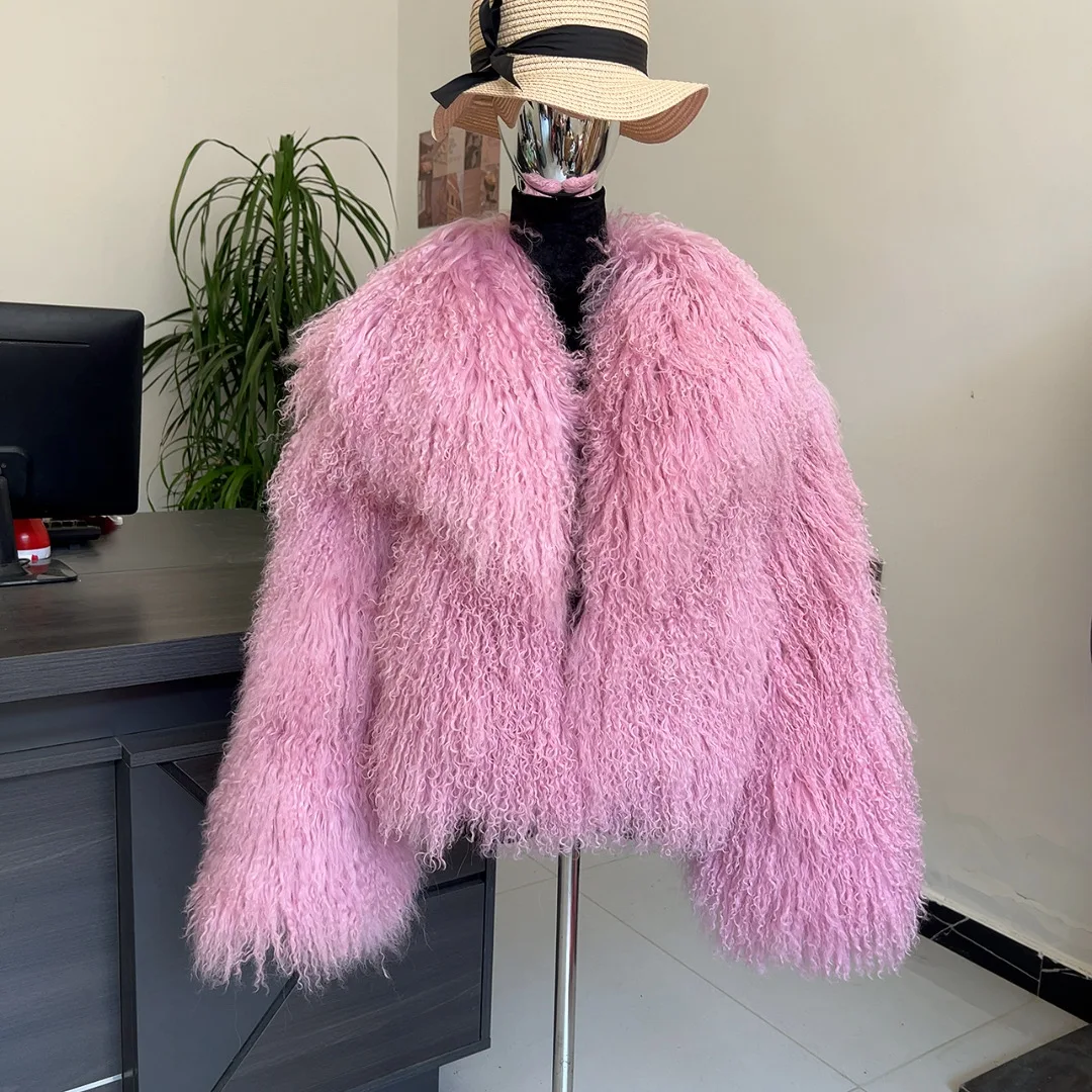 Women's luxurious natural Real Mongolian wool coat with a big collar fashionable winter genuine Mongolian beach sheepskin jacket