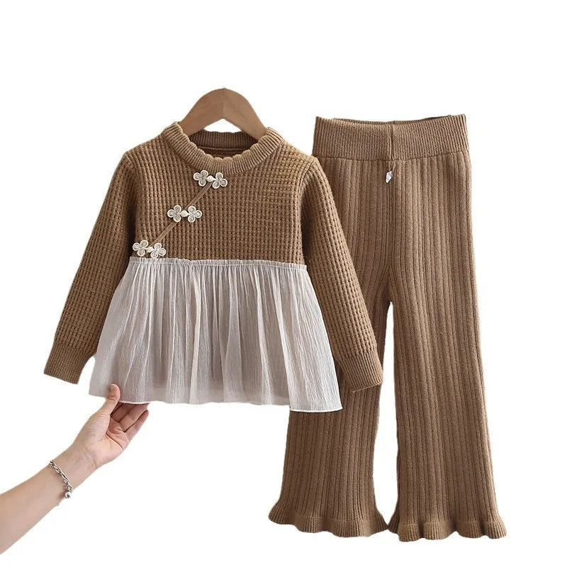 Meisjes Gebreide Kleding Sets Lente Herfst Kinderen Wollen Jersey Sweaters Dress Tops Broek Prinses Pak Voor Baby Outfits Kids 6