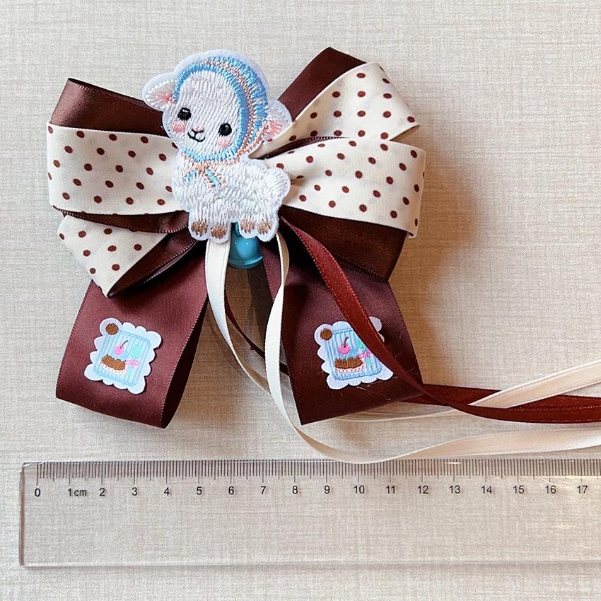 2026 Vintage Kariertes Polka-Dot-Satin-Spitzen-Organza-Schleifen-Haarspange für Mädchen, Braun, Langes Band, Lamm-Bär-Quasten-Haarspange – Detail 9
