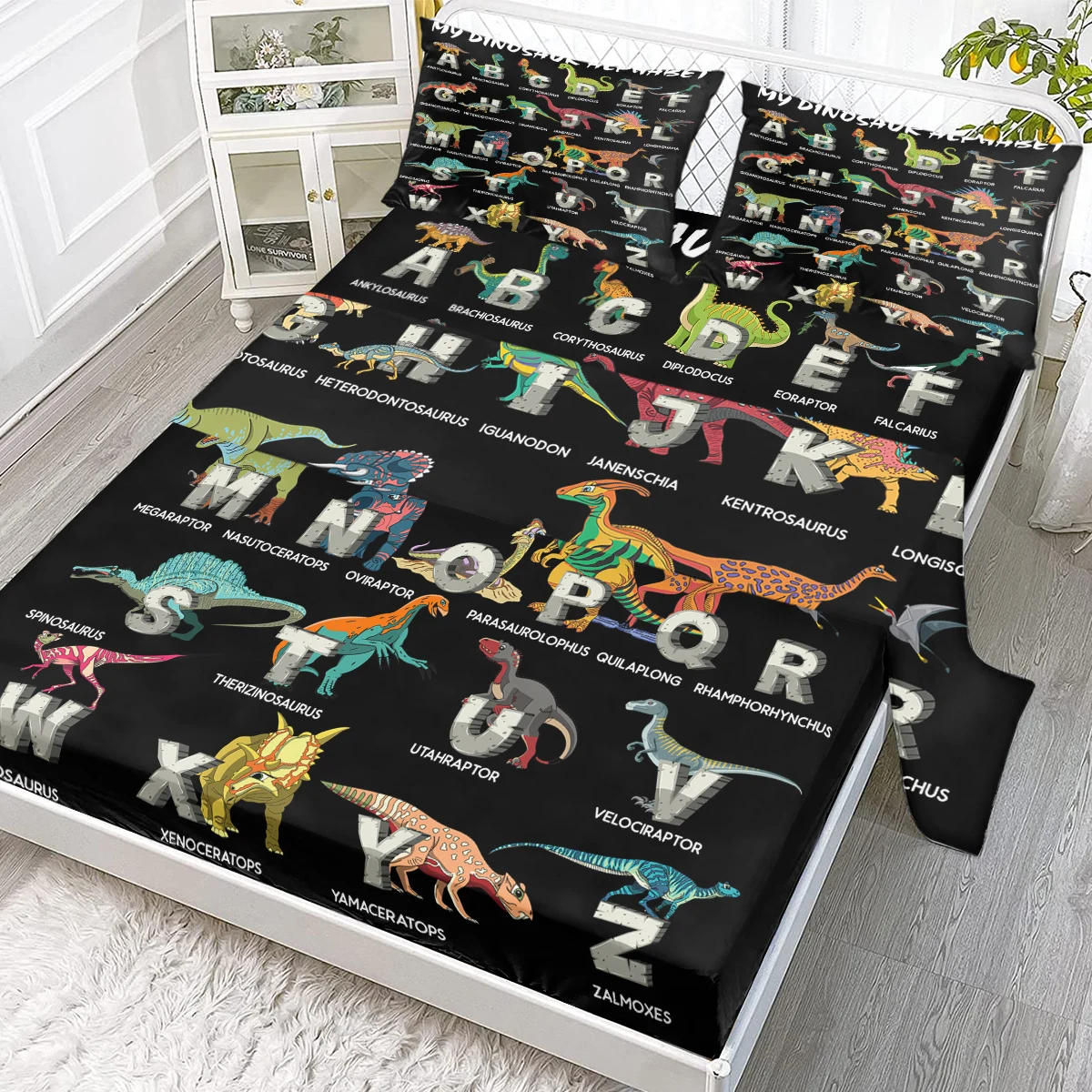 

4 Pcs Dinosaur Alphabet Print Sheet Set Extra Deep Pocket 1 Fitted Sheet, 1 Flat Sheet, 2 Pillowcases