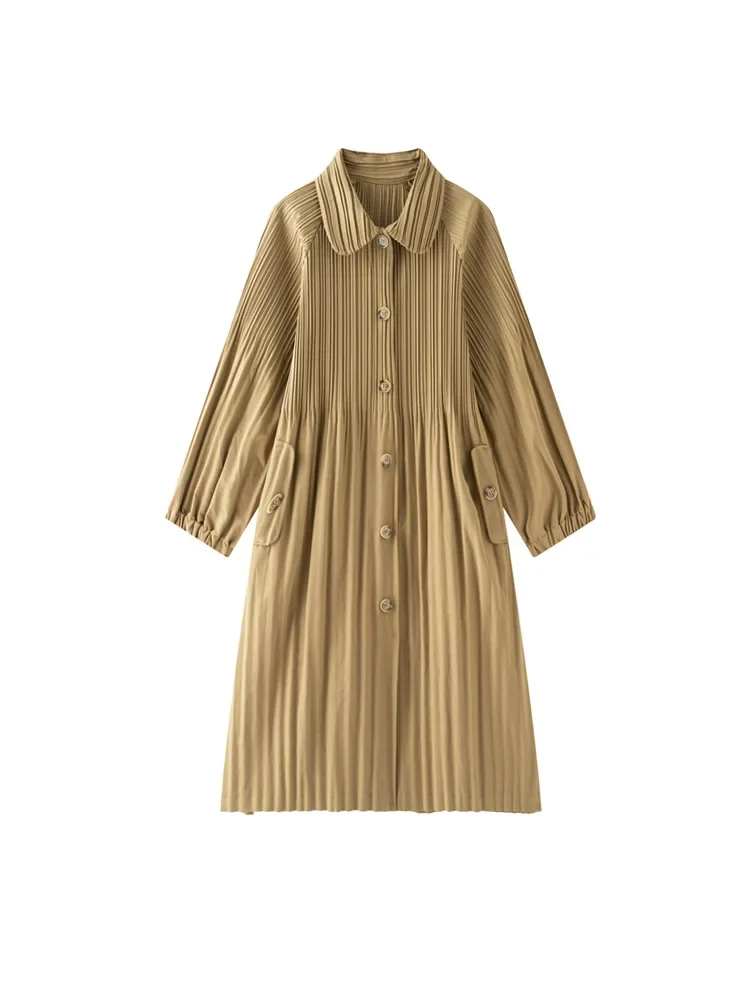 Miyake Women Pleated Shirt Dress Lapel Collar Long Sleeve Button Down Midi Dress with Pockets