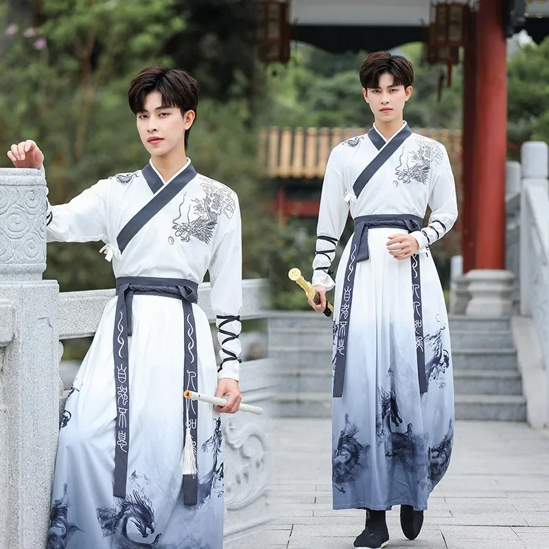 Hanfu Men Chinese Dragon Embroidery Traditional Costume Dress Suit Cosplay Ethnic Style Tang Suit Performance Clothing White