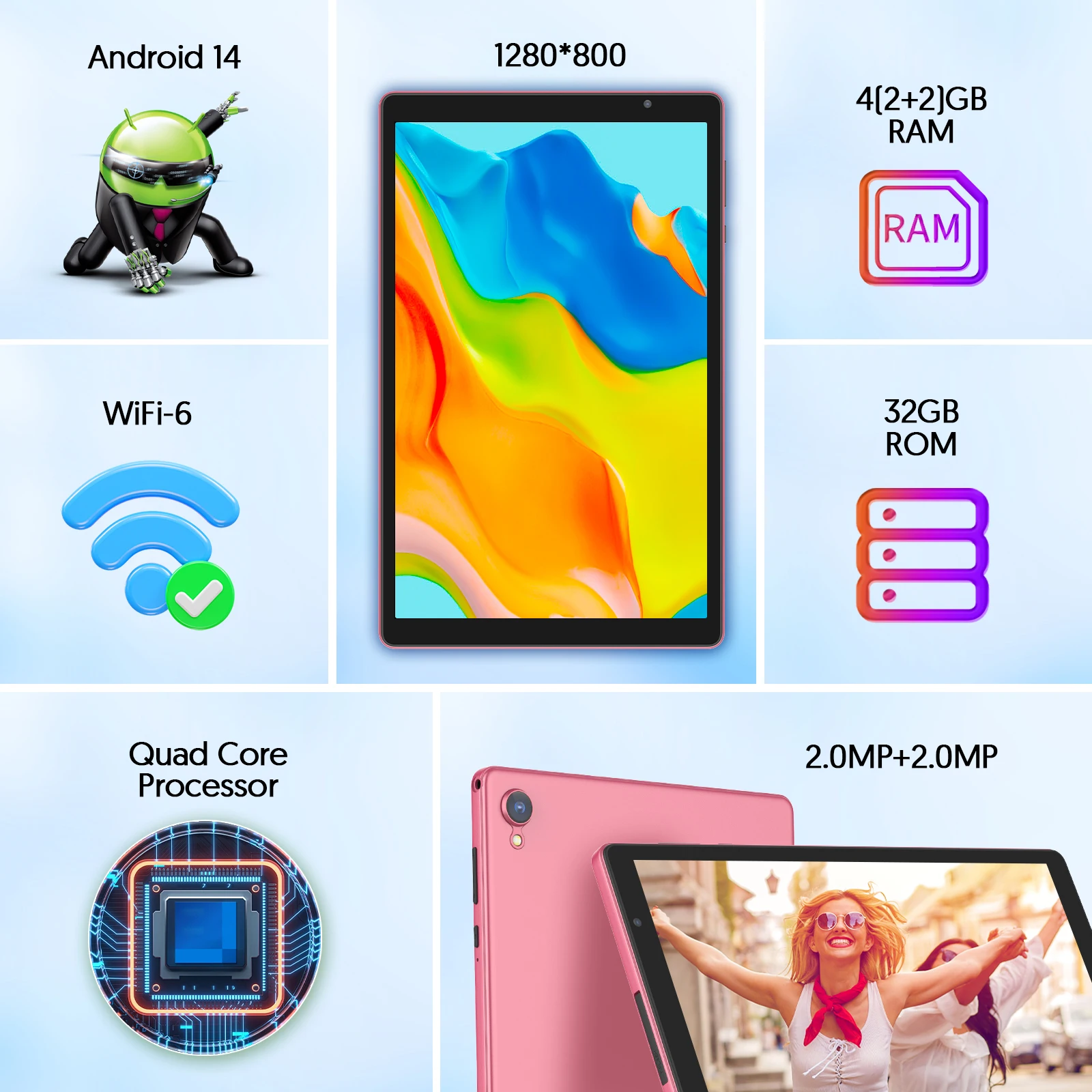 BAKEN Tablet Android 14 de 10 polegadas, processador Quad-core, armazenamento de 32 GB, Wi-Fi 6, Bluetooth, porta USB-C, Google Play Store (GMS)