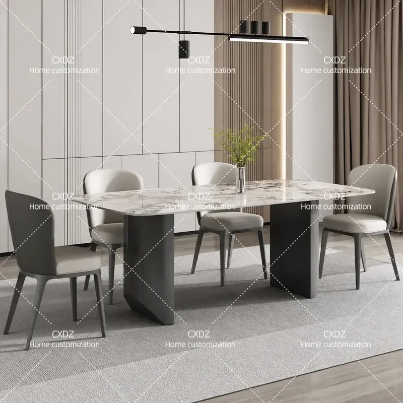 Modern Minimalist Rectangular Dining Table Light Luxury Rock Slab Top Stainless Steel Legs Small Apartment Household