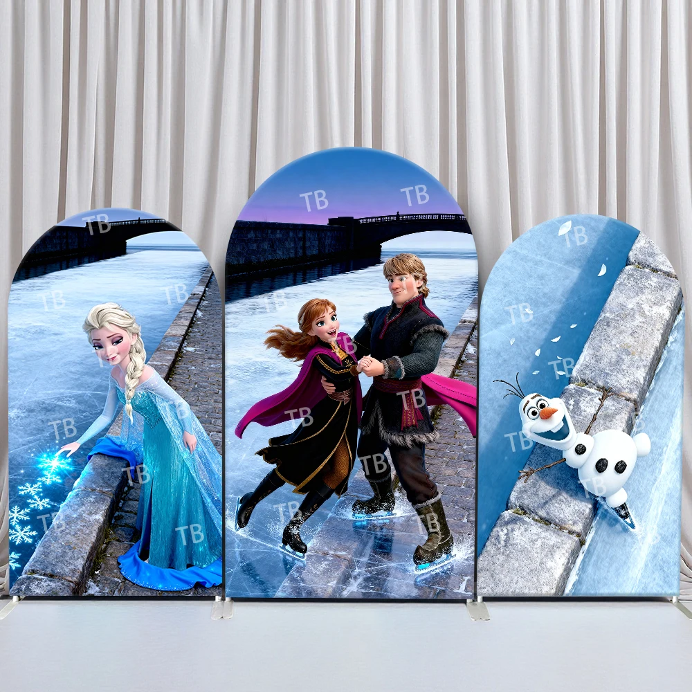 

Disney Frozen Arch Backdrop Cover Elsa Anna Kristoff Olaf Ice Skating Scene for Birthday and Baby Shower Party Photo Booth Props