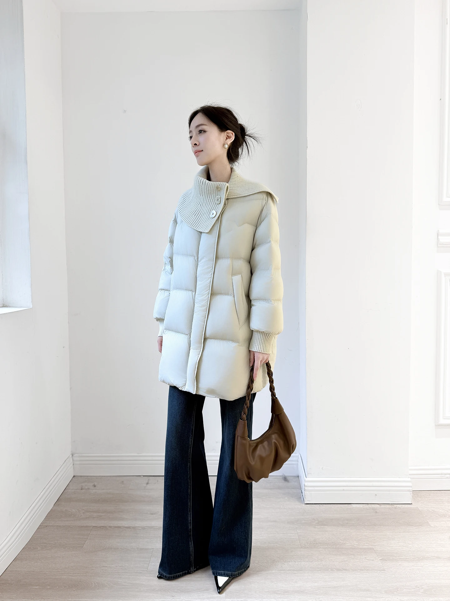 

Женское пуховое пальто Ele Long Jaet 90, белое зимнее пальто с воротником-стойкой и воротником-стойкой средней длины во французском стиле, теплое зимнее пальто на подкладке