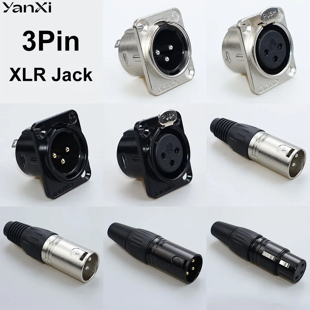 Cable de audio XLR de 3 pines macho y hembra, conector de micrófono, terminal de cable MIC Cannon, conector XLR de metal negro para montaje en panel.
