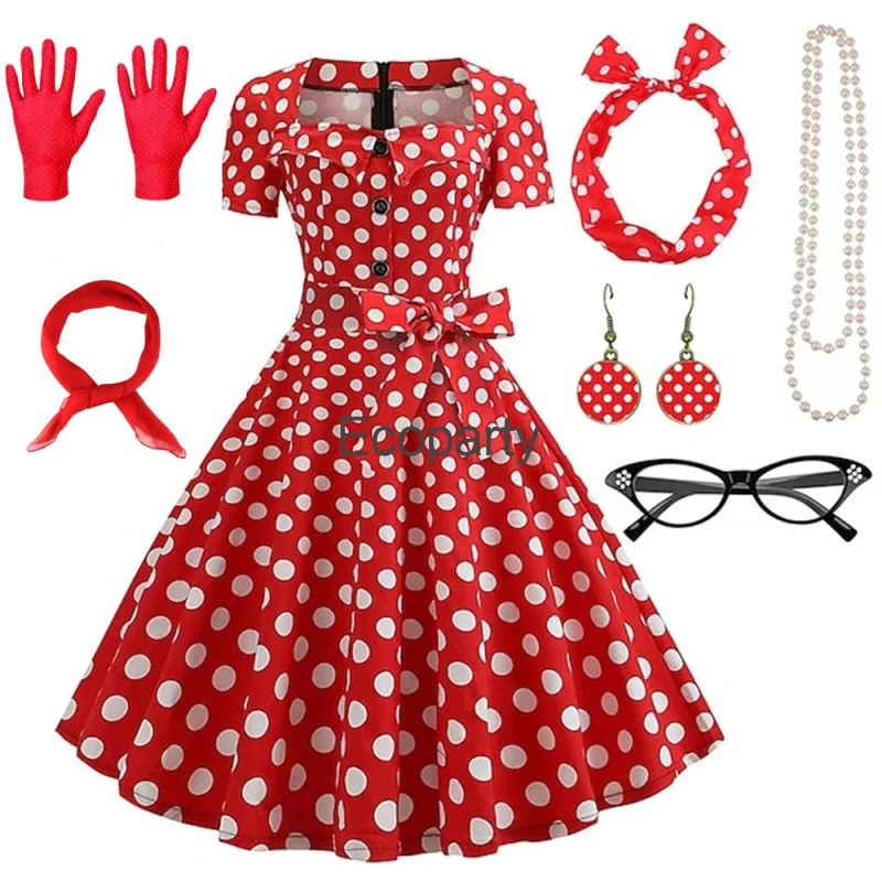 50s Vintage sukienka w stylu Hepburn dla kobiet Retro czarny punkt kwadratowy dekolt sukienka trapezowa z okularami szalik rękawiczki garnitur Halloween kostiumy