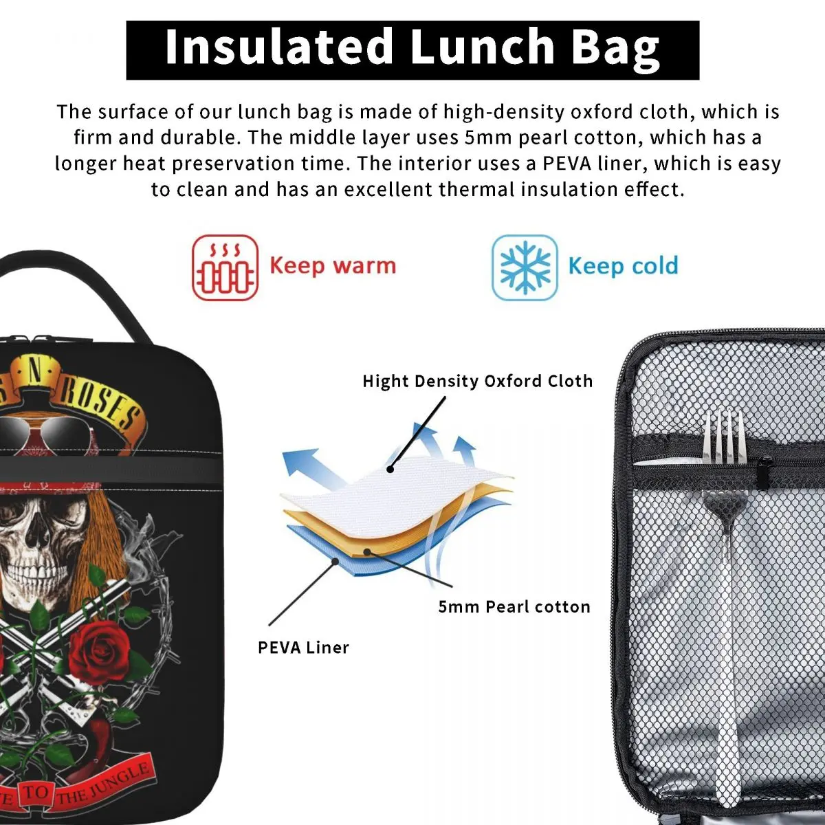 Axl Rose Skull borsa da pranzo isolata scatola da pranzo portatile riutilizzabile tenere in caldo la borsa Tote fresca con tasca per il lavoro