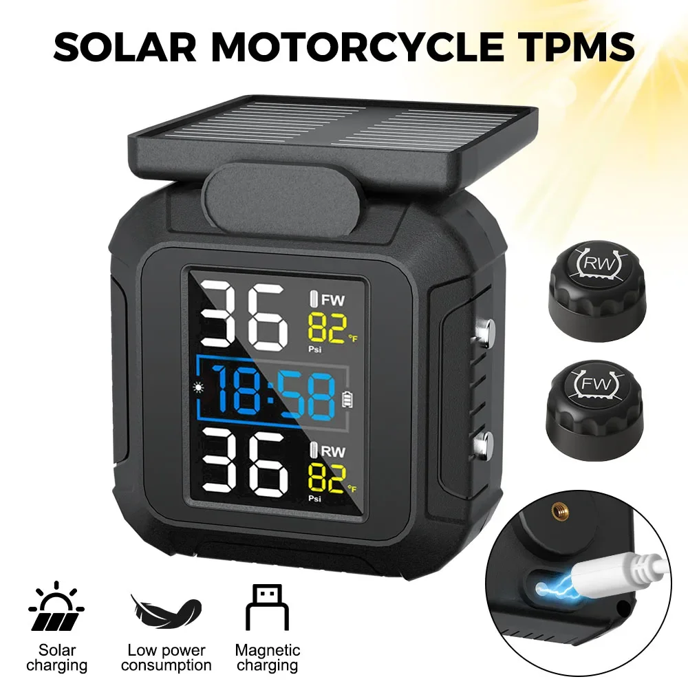 Motorcycle TPMS Tire Pressure Monitoring System with 2 External Sensors ,Magnetic USB Charging and Solar Powered Real-Time Pressure Monitoring,LCD Display Motorbike Tyre Temperature Alarm