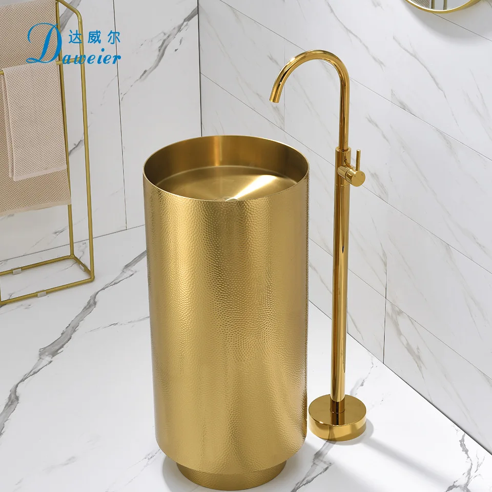 

Top Quality Golden Bathroom sink SUS304 Stainless steel Floor standing Wash basin Luxury Round Washbowl 400*850mm Modern Lavabo