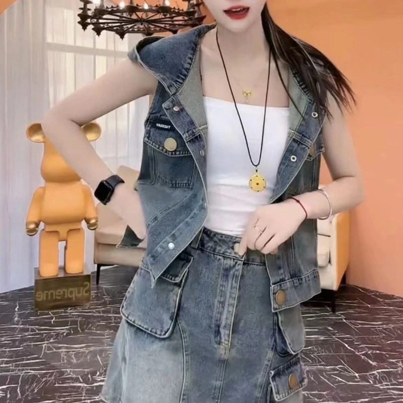 

Summer new fashionable casual two-piece set women's hooded hollow out design sense denim vest+high waisted short skirt