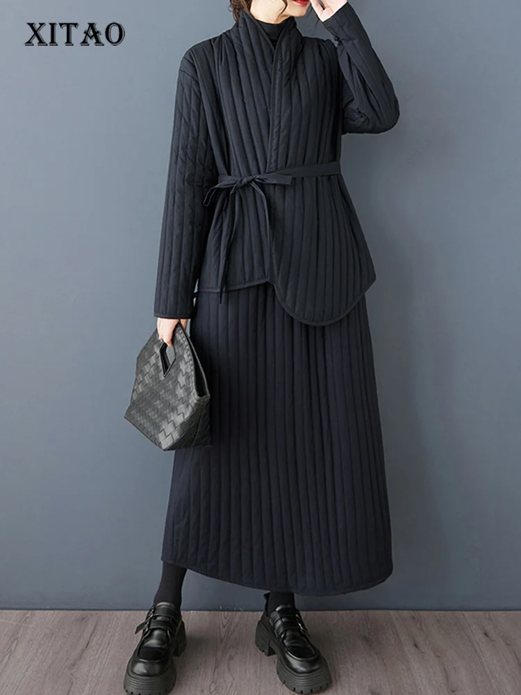 

XITAO Irregular Stripe Matching Set Casual V-neck Full Sleeve Elastic Waist Solid Color Mid-calf Winter Women Dress Set GMM1296
