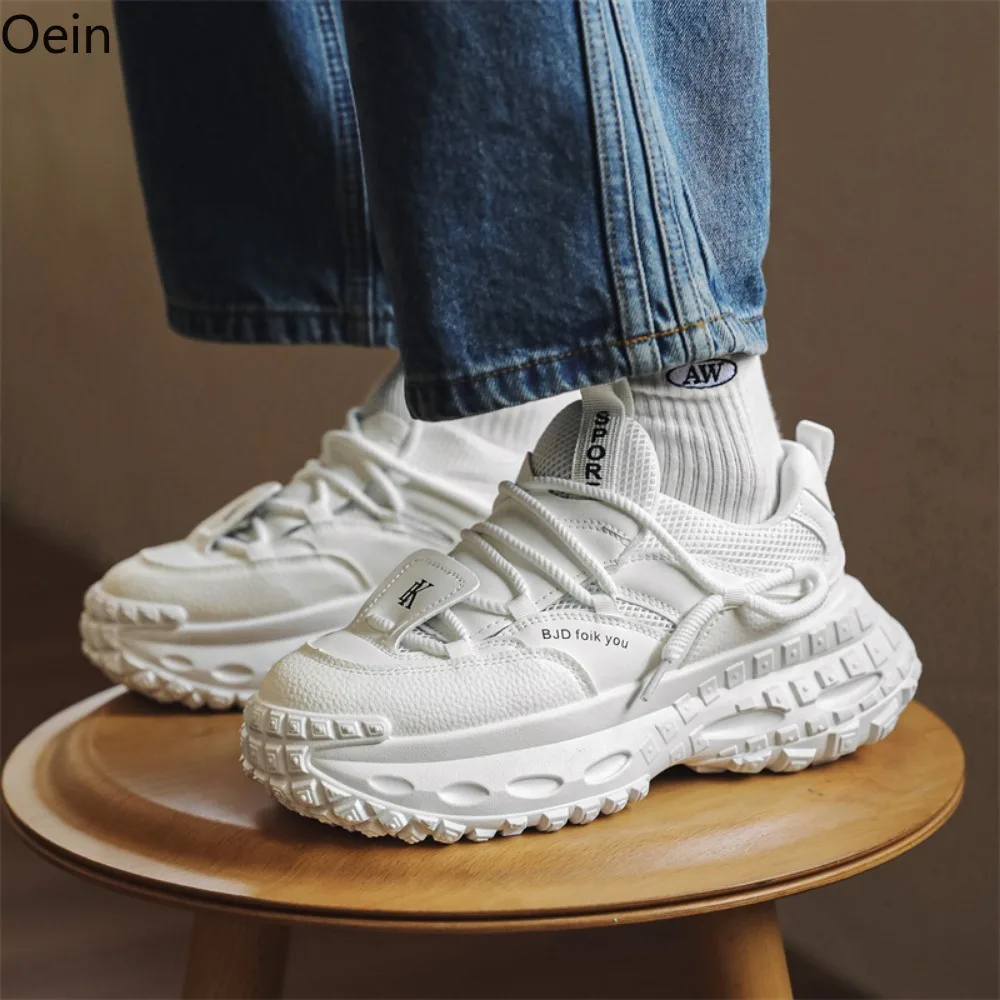 Mens PU Leather Sneakers Platform High Heel Lace Up Round Toe Match Colors Athletic Shoes Korean Styles Black White New 2024