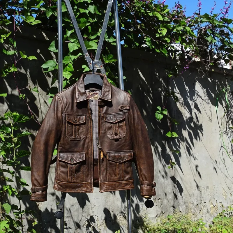 

Elegant and fashionable faded aged tea core calfskin leather coat