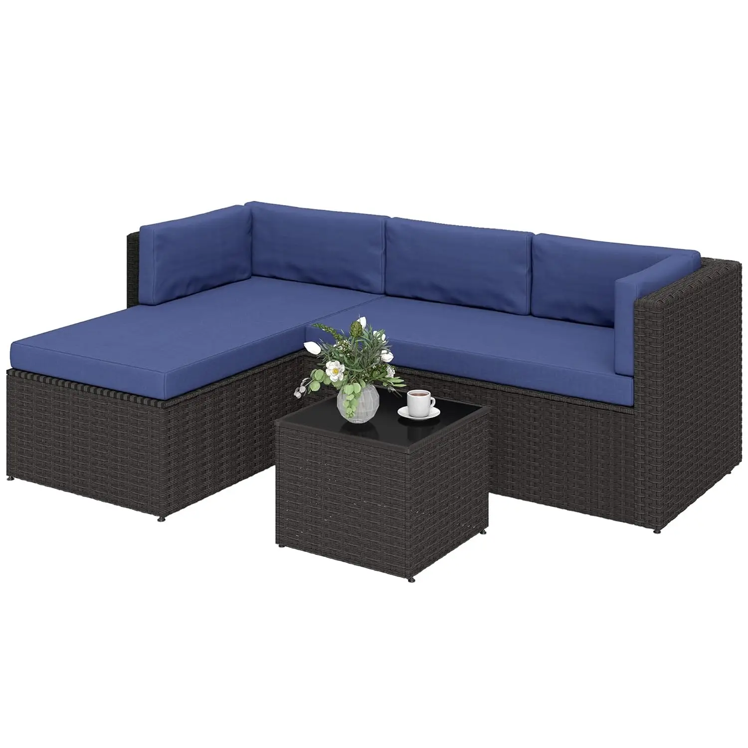 

3 Piece Patio Wicker Rattan Conversation Set Cushioned Glass Top Coffee Table Deep Seating Garden Backyard Porch Navy, Custom