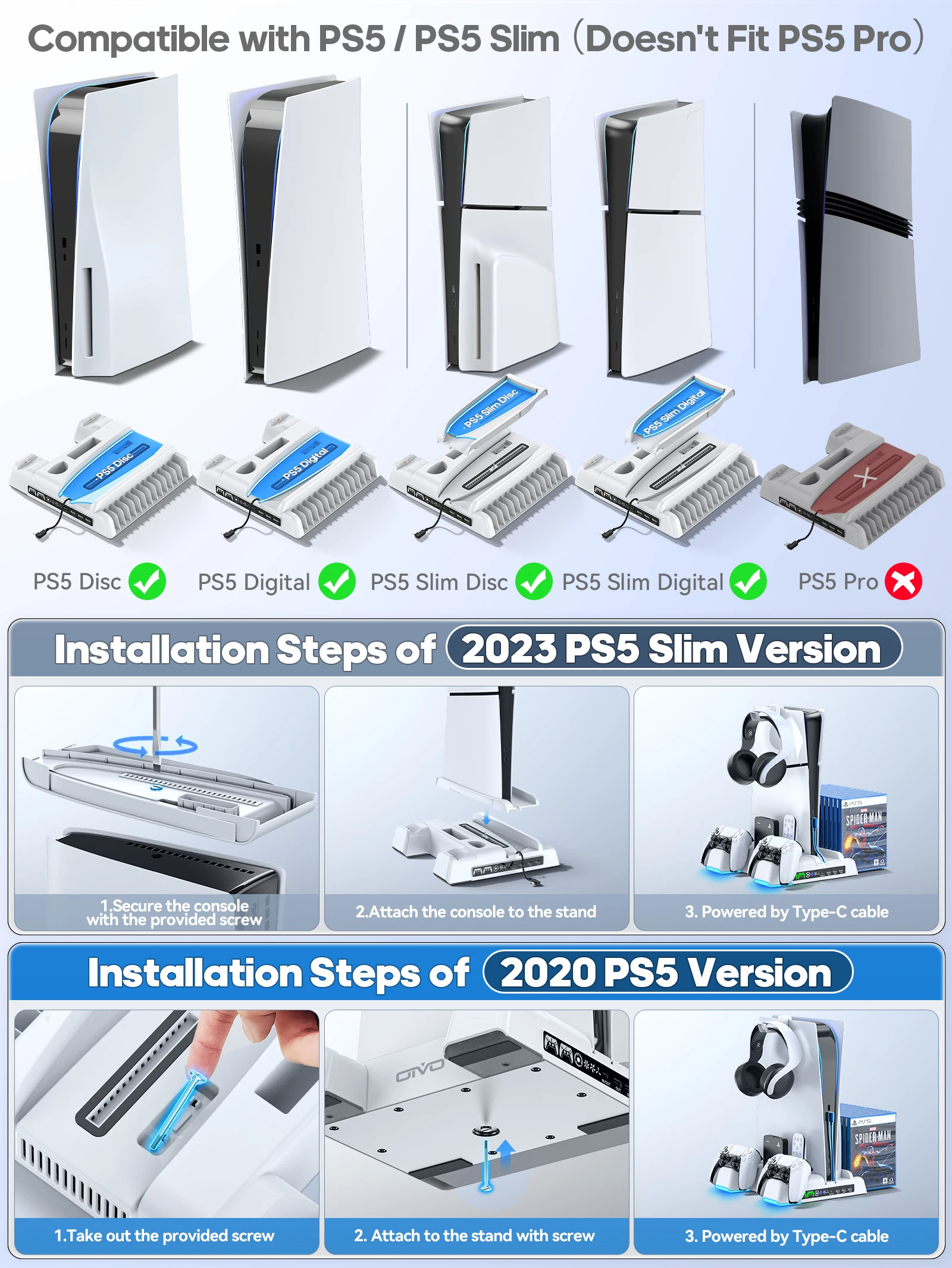 For PS5/PS5 Slim Stand Cooling Station with LED Light Controller Charging Station for Playstation 5 Consoles with 3 USB Hub