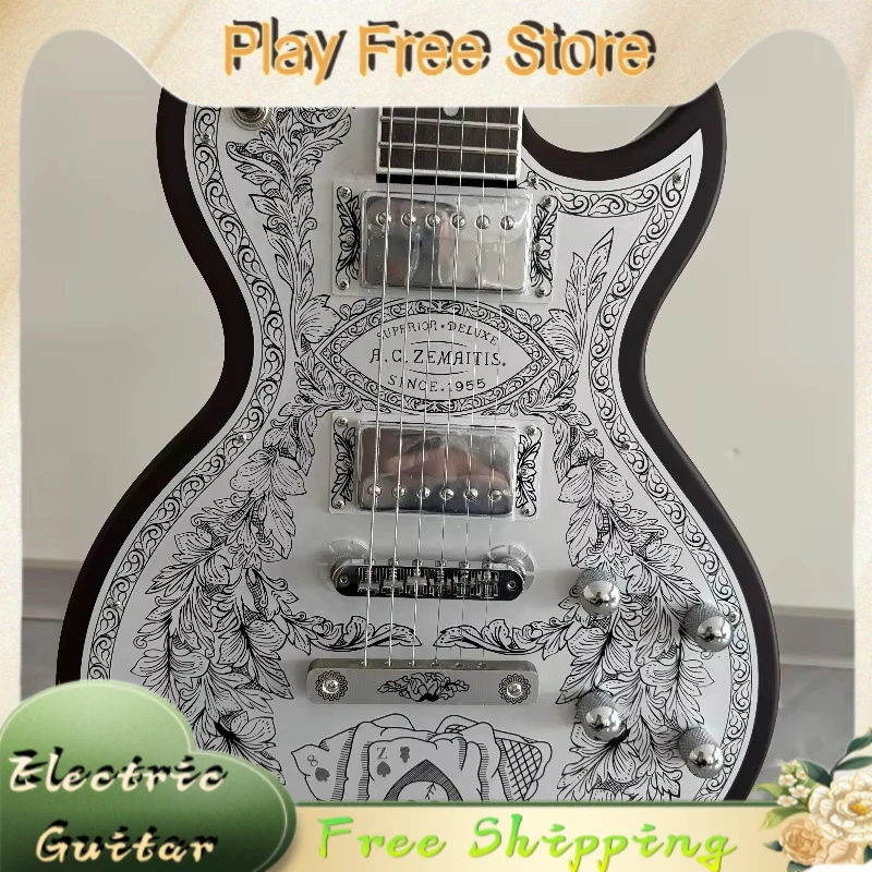Zemait Skull Engraved Electric Guitar Ace Spades Graphic Metal Etched Top 1955 HH Humbuckers Metal Collectible Unique New Hot