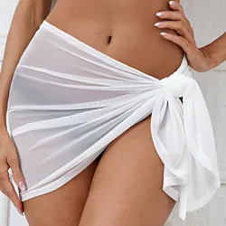 Sheer Wrap Cover Up Women Transparent Bikini Beach Wrap Skirts White Ladies Bathing Suit Sheer Lace Up Swimwear Ladies Skirts