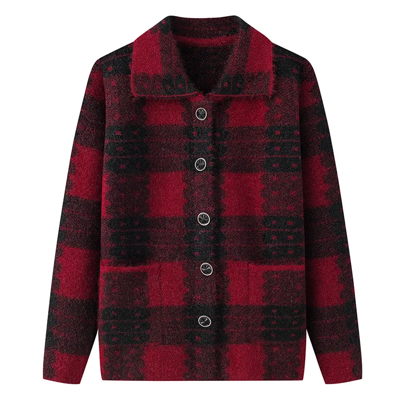 Casual Plaid Autumn Winter Clothes Middle Aged Mother Sweaters Knitwear Tops Thicken Grandma Warm Woolen Coat Women Cardigan