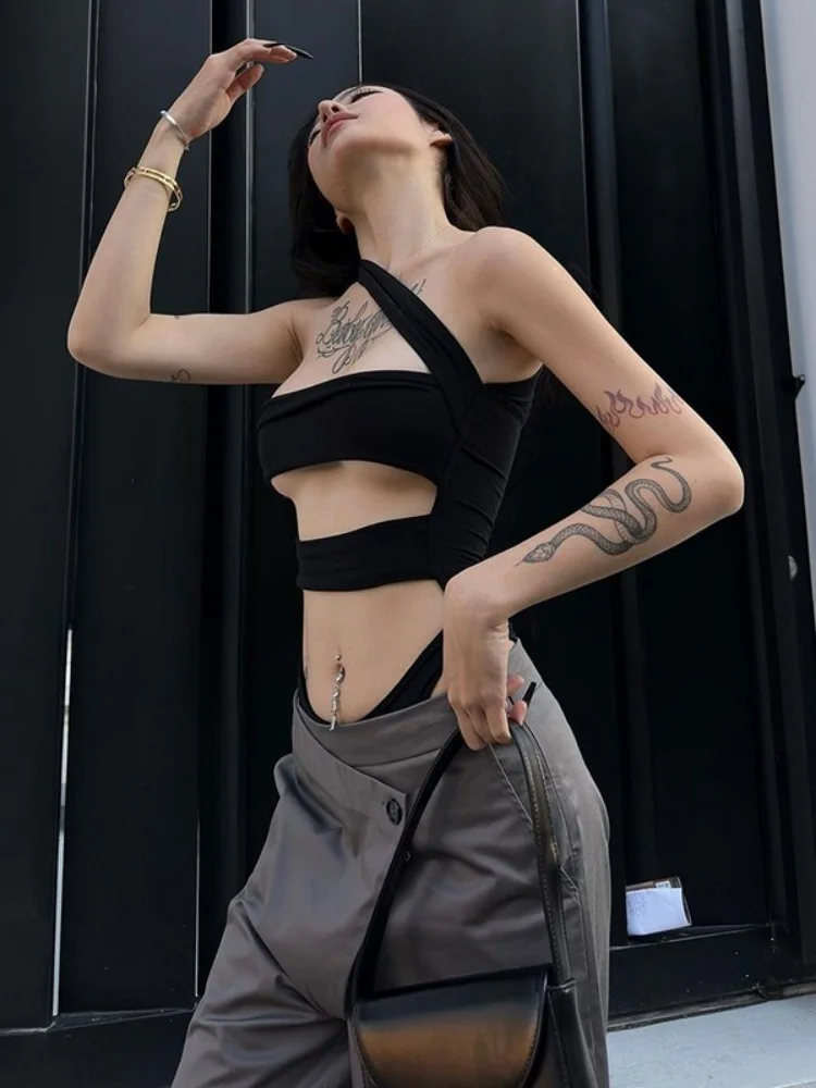 الصلبة الأسود ارتداءها الملابس الداخلية مثير قمم للنساء نادي الزي يميل طوق الجسم Feminino قطعة واحدة الجوف خارج Y2k الملابس #5