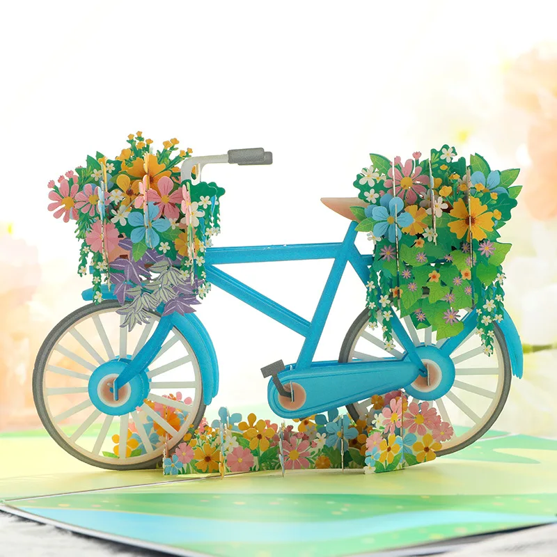 3D Pop Up It Bicycle With Flower Birthday Greeting Cards Thanks Card Cartoon Postcard Send Message Holidy Wishes Gifts To Friend