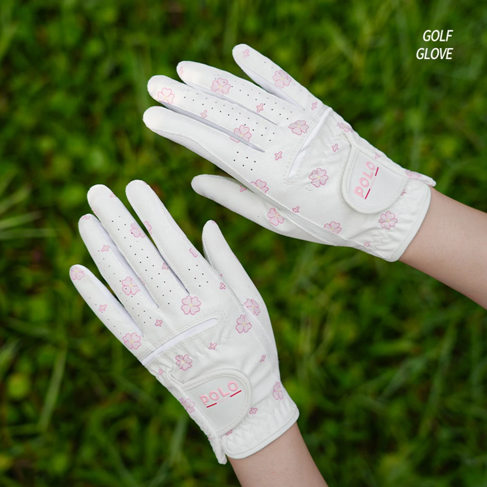 A Pair POLO  Korean Printed Sports Gloves for Women, Golf Gloves, PU Microfiber Fabric, Sun Protection, Wear-Resistant