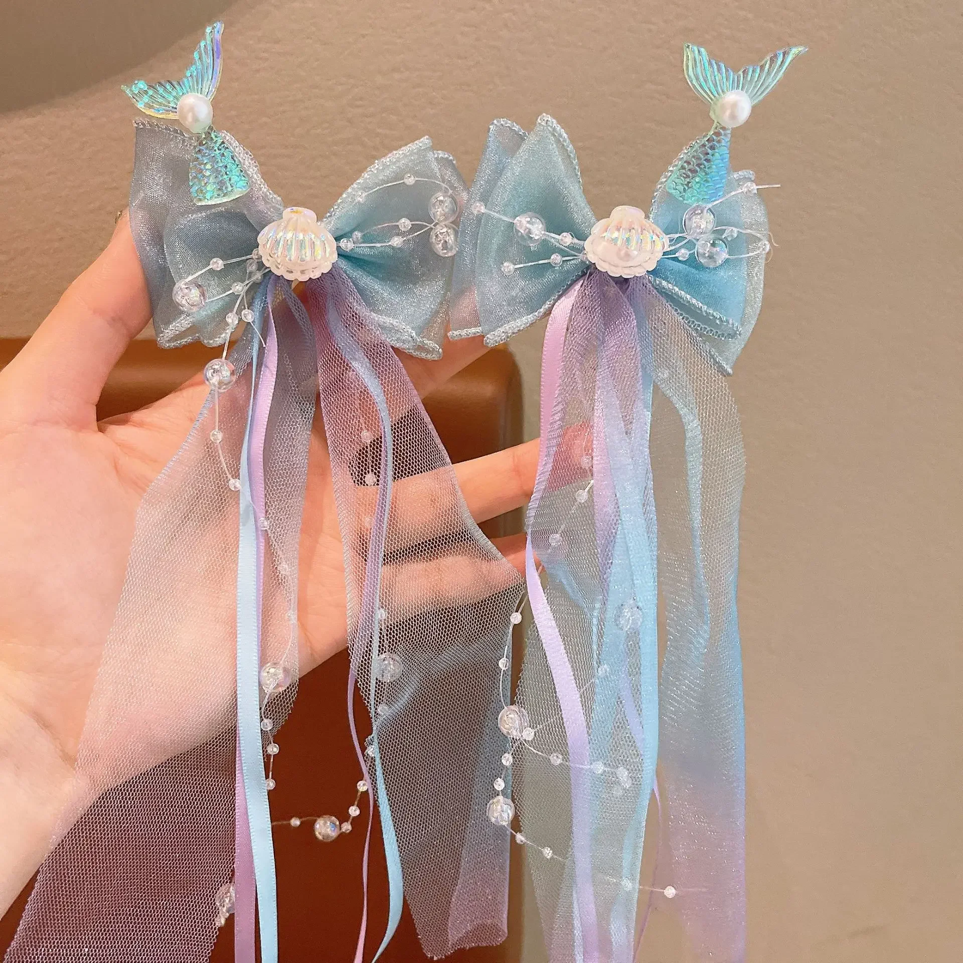 1 Paar verträumte Meerjungfrau-Feen-Haarspange mit Schleifenriemen, Feen-Air-Mesh-Seitenclip, Kinder-Prinzessin-Haarschmuck, Alltags-/Party-Stil – Detail 6