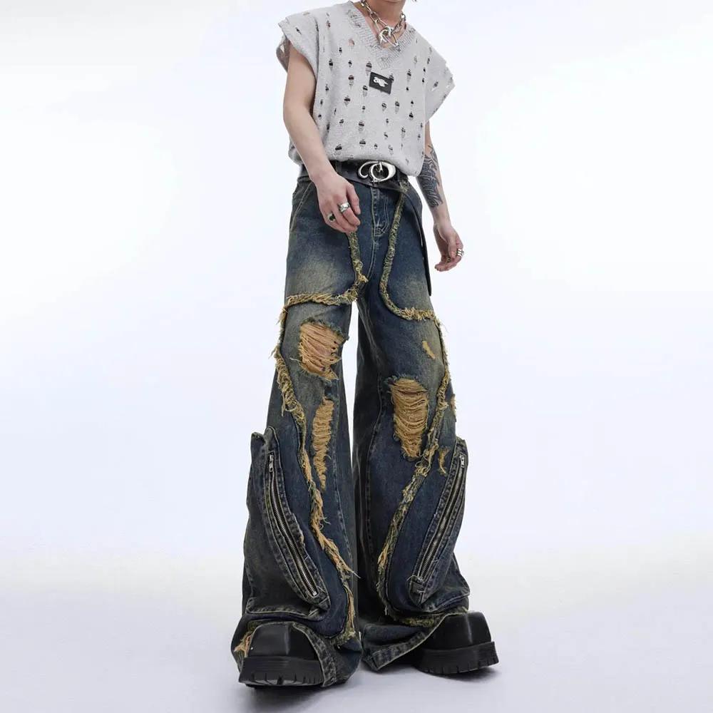 

Autumn Men's Tassel Ripped Wide-Leg Jeans American Retro Fashion Trend Street Hip-Hop Loose Casual Niche Men's Bottoms 2025