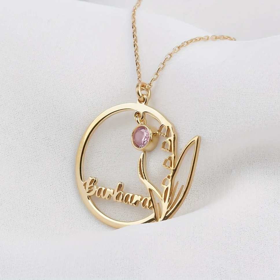 

Elegant Customizable Birth Flower Name Birthstone Round Pendant Necklace Personalized Jewelry Gift for Women Wife Mom Grandma