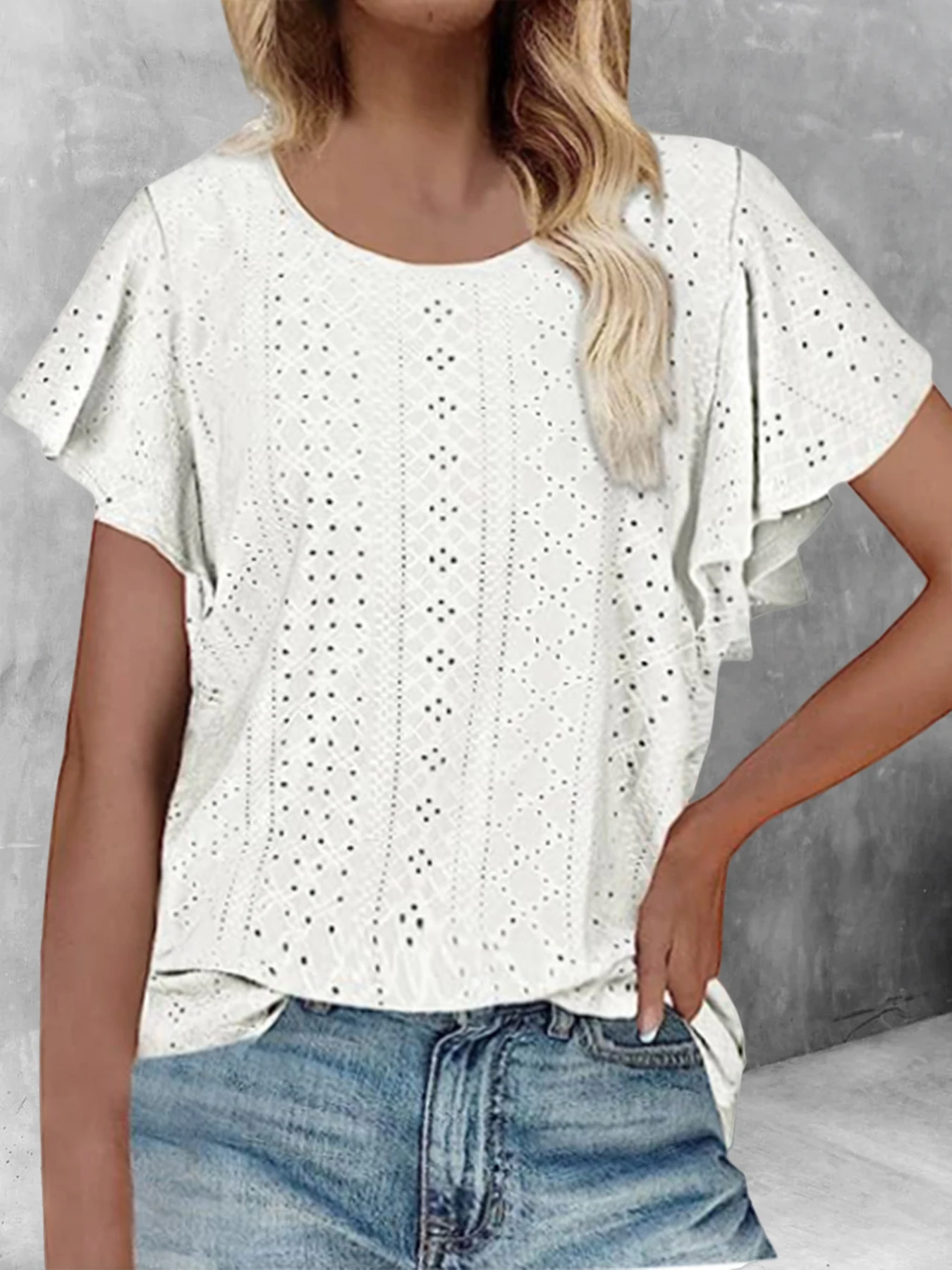 Women Summer Casual White Color Blouses Shirts Basic O Neck Short Sleeve Knitted Tops Ladies Elegant Hollow Out Blouse